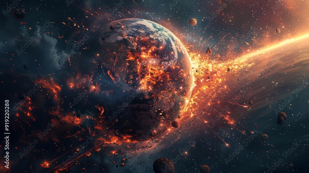 Poster earth is engulfed in flames during a cosmic collision with an asteroid in deep space