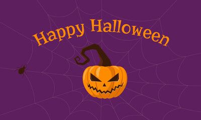 Happy Halloween banner or party invitation with pumpkin and spider. Vector 