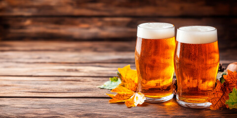 Two glasses of amber beer on a rustic wooden background adorned with colorful autumn leaves, evoking a cozy, seasonal atmosphere. Ideal for marketing autumnal beer festivals or promoting seasonal brew