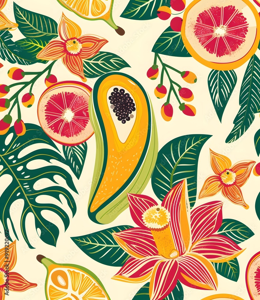 Poster tropical fruits and flowers pattern