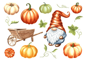 Gnome with pumpkins and wooden cart. Set of hand drawn watercolor isolated illustrations. Autumn magic dwarfs. Cute cartoon character for thanksgiving, fall decor. Clip art for sticker, textile, card.