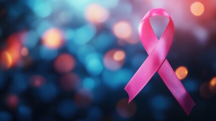 Breast cancer awareness month pink ribbon symbol on blurred blue background