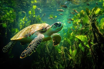 jungle explorer a curious sea turtle navigates through a submerged mangrove forest dappled sunlight filters through the water illuminating schools of small fish darting between gnarled roots