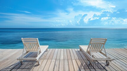 Two empty chairs on wooden walkway with blue sea background