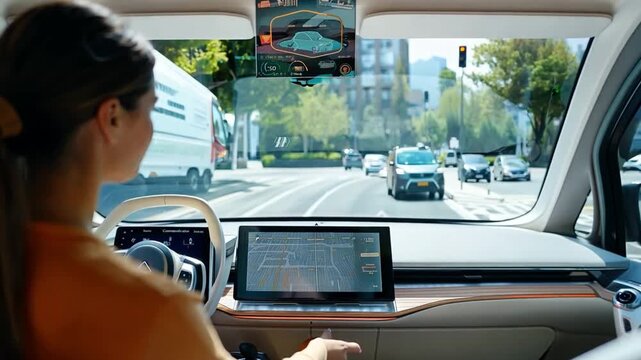 Woman using a navigation system and internet tablet dashboard in a self-driving car in a city using transportation technologies