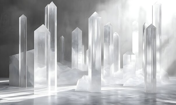 A collection of polished, transparent white crystal columns of various sizes set against a minimalist, ethereal background