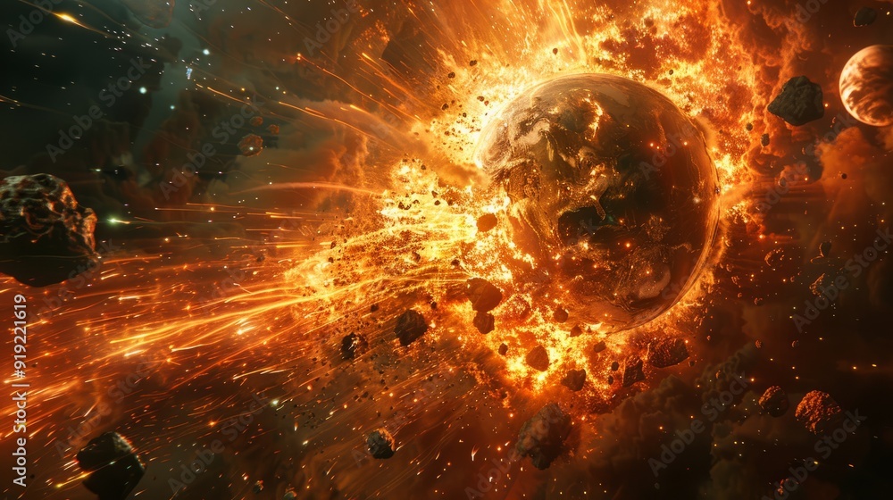 Poster catastrophic explosion of a planet in deep space surrounded by asteroids and stellar debris