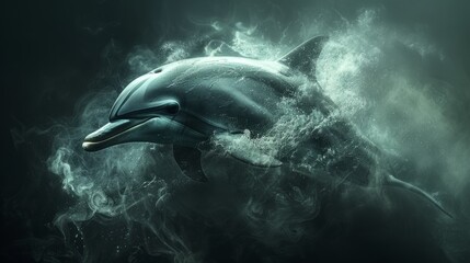Naklejka premium Dolphin swimming gracefully through dark, murky water with bubbles and splashes around it