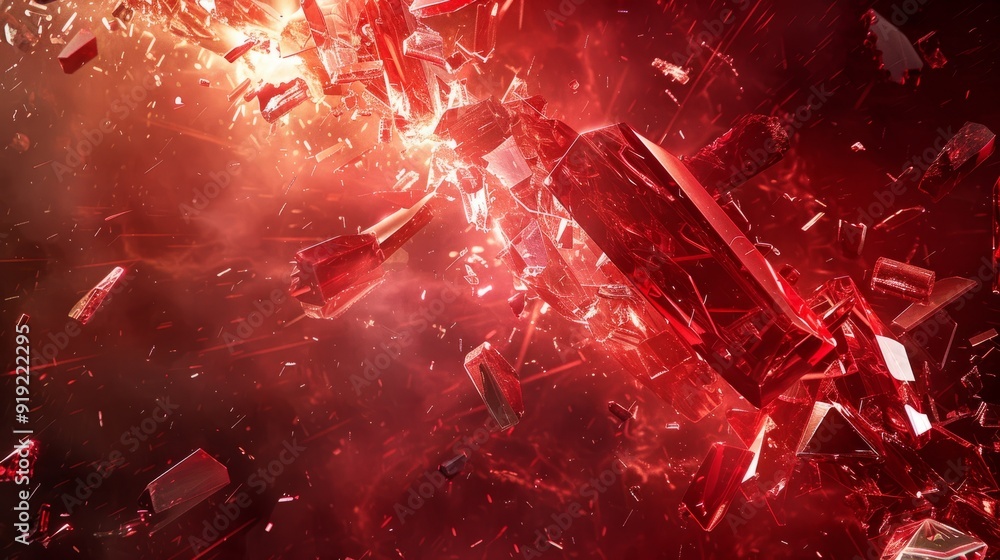 Poster abstract explosion of red crystalline shards in a cosmic setting
