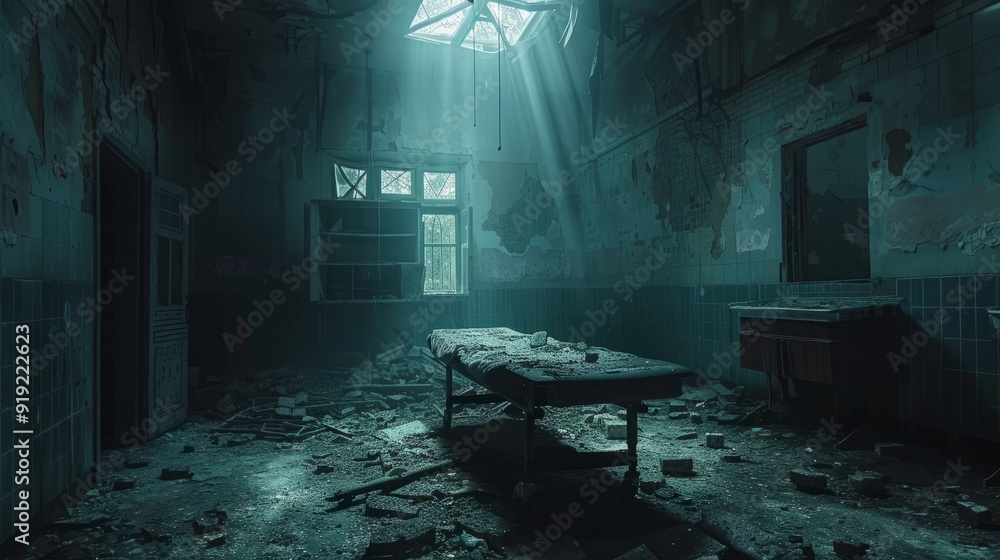 Poster abandoned room with sunlight streaming through a broken ceiling in a dilapidated structure