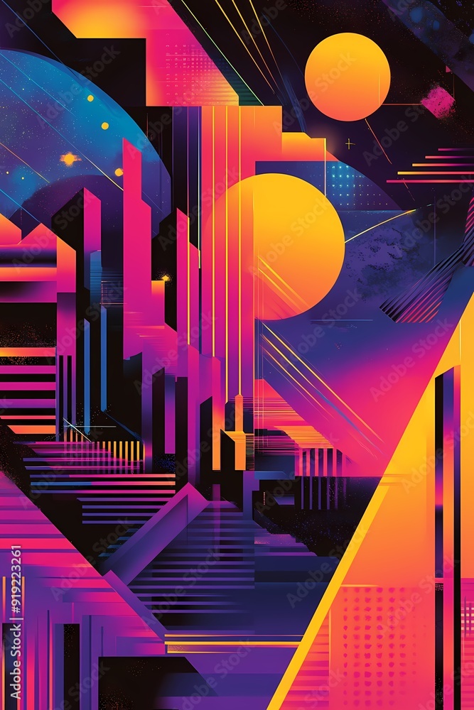 Poster abstract colorful geometric patterns with a futuristic cityscape and celestial objects.