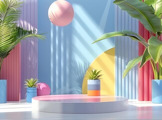 Pastel Colored Product Display Podium with Tropical Plants