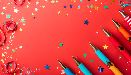 USA national holidays banner design. Flat lay fireworks rockets with party streamers and confetti on red background