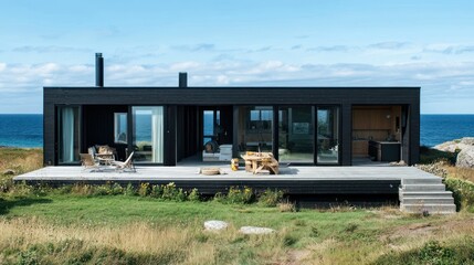 Fototapeta premium Modern minimal house, dark tone in nature by ocean, AI generated for Ads