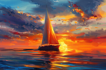 beautiful sunset in the sea with a sailboat