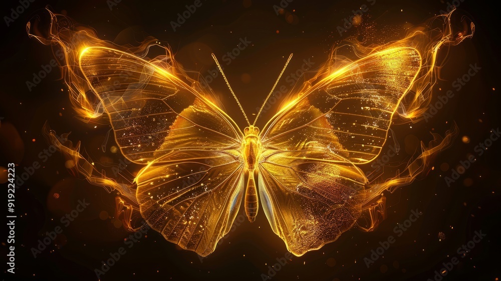 Poster Golden butterfly with glowing wings in a dark background showcasing delicate patterns