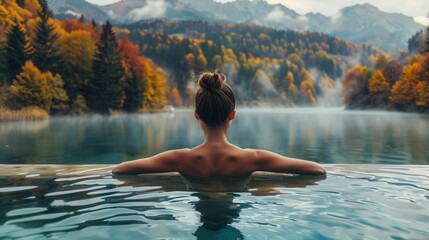 Back view of a female in spa pool with beautiful scenic view in Autumn