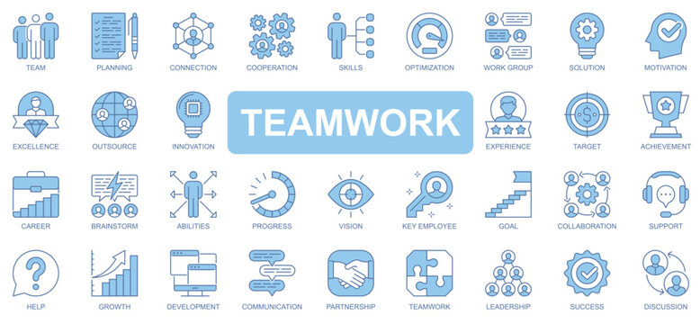 Teamwork icons set in duotone outline stroke design for web. Pack pictograms of team, planning, connection, cooperation, optimization, work group, solution, motivation, other. Vector illustration.