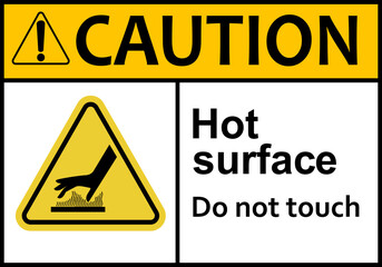 Hot surface sign. Surfaces that can cause burns on contact. Warns workers and visitors to avoid contact with hot surfaces. Do not touch. High surface temperature. Do not contact. Caution, risk burns.