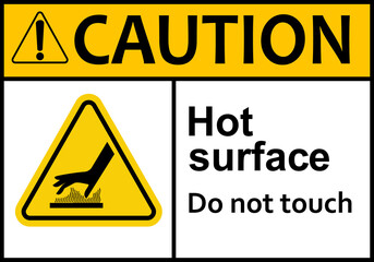 Hot surface sign. Surfaces that can cause burns on contact. Warns workers and visitors to avoid contact with hot surfaces. Do not touch. High surface temperature. Do not contact. Caution, risk burns.