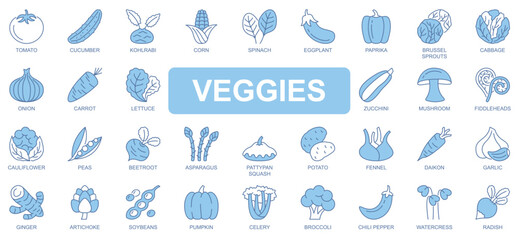 Veggies icons set in duotone outline stroke design for web. Pack pictograms of tomato, cucumber, corn, spinach, paprika, brussel sprouts, cabbage, onion, carrot, mushroom, other. Vector illustration.