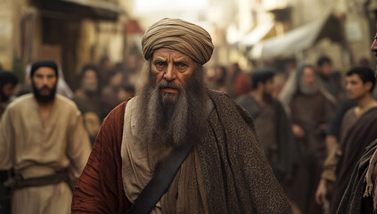 Old man in ancient Jerusalem amidst modern crowds, cinematic scene