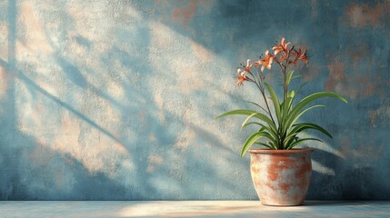 Potted Orange Flowers Against a Distressed Blue Wall