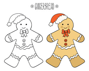 Gingerbread cute christmas character, vector illustration on christmas, religious theme, coloring book page for kids and coloring example, Merry Christmas.