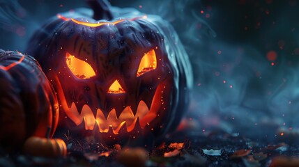 Close-up of spooky jack-o'-lantern, eerie glow, dark background, photorealistic