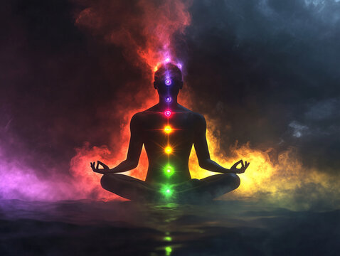 A person meditating with their chakras glowing, surrounded by colorful smoke. The background is dark and mystical, creating an atmosphere of deep meditation and spiritual awakening