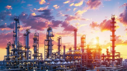 Fototapeta premium Close-up of an oil refinery plant with industrial structures, set against a sunrise backdrop.