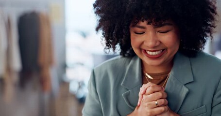 Fashion designer, winner and laptop for success in logistics, startup business goals and e commerce, sales or profit. Entrepreneur or happy woman with wow and yes for news on computer and online shop