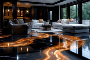 luxurious interior featuring seamless blend of polished marble and metallic epoxy flooring creating...