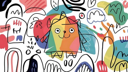 A Cute and fun children's abstract minimalist doodle with lines and geometric shapes. Trendy colorful simple background