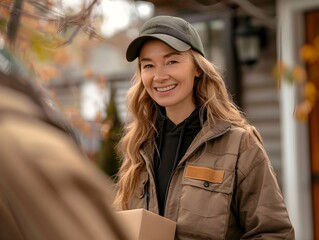 Young woman delivering a package while wearing a cap and casual clothing on an autumn day in a suburban neighborhood