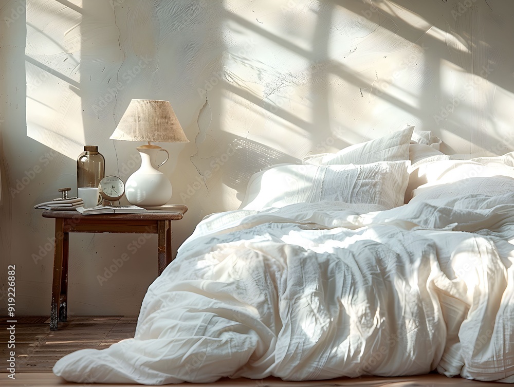 Poster Cozy bedroom with sunlight filtering through the window, featuring white bedding and a rustic bedside table in a serene setting