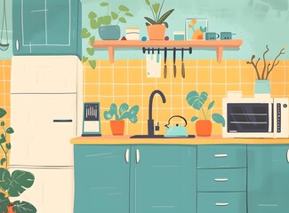 Kitchen Interior Illustration with Plants and Appliances