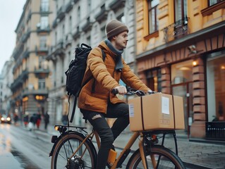 Obraz premium Young man cycling through a city street with a delivery box during a rainy day
