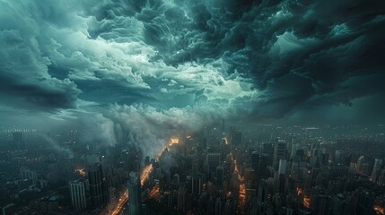 Ominous storm clouds gather over a bustling city skyline at twilight