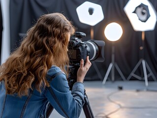 Young photographer capturing a portrait in a studio with softbox lighting setup