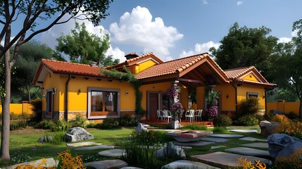 Obraz premium Yellow House with Red Roof and Patio