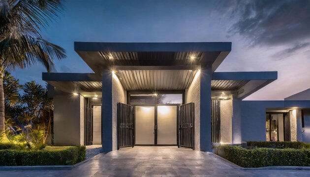 Modern minimalist styles front gate in modern styles house in the dark night Stock Photo and fount view 