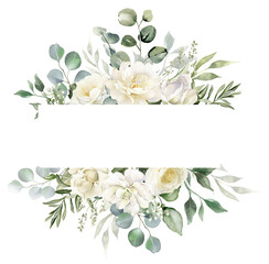 Watercolor floral border - white flowers and green eucalyptus leaves illustration isolated on transparent background. Creamy roses frame, wedding florals © Nataliya Kunitsyna