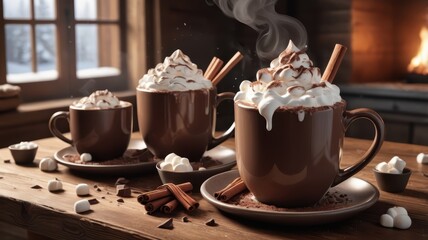 Warm and Cozy Hot Chocolate with Marshmallows by the Fireplace
