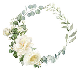 Watercolor floral wreath. Round border - white flowers and green eucalyptus leaves illustration isolated on transparent background. Creamy roses frame, wedding florals