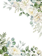 Watercolor floral corner border - white flowers and green eucalyptus leaves illustration isolated on transparent background. Creamy roses frame, wedding florals