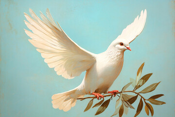 Fototapeta premium White dove on olive branch symbolizing peace and harmony.