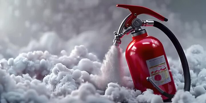 A fire extinguisher releasing foam in a 3D style, detailed view of foam spray, fire prevention, foam extinguisher action