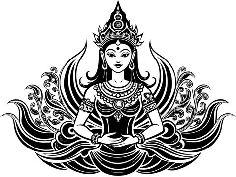 AI-Crafted Depiction of Phra Mae Thorani Squeezing Her Hair in Traditional Thai Style