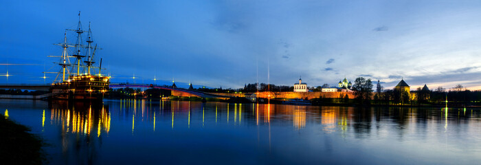 Veliky Novgorod, Russia. Panoramic view of Veliky Novgorod Kremlin at night